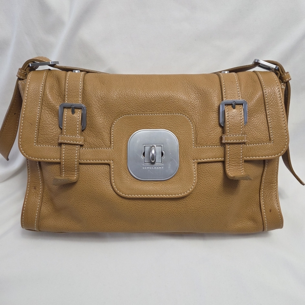 Longchamp Pebbled Leather Shoulder Bag Tan Caramel